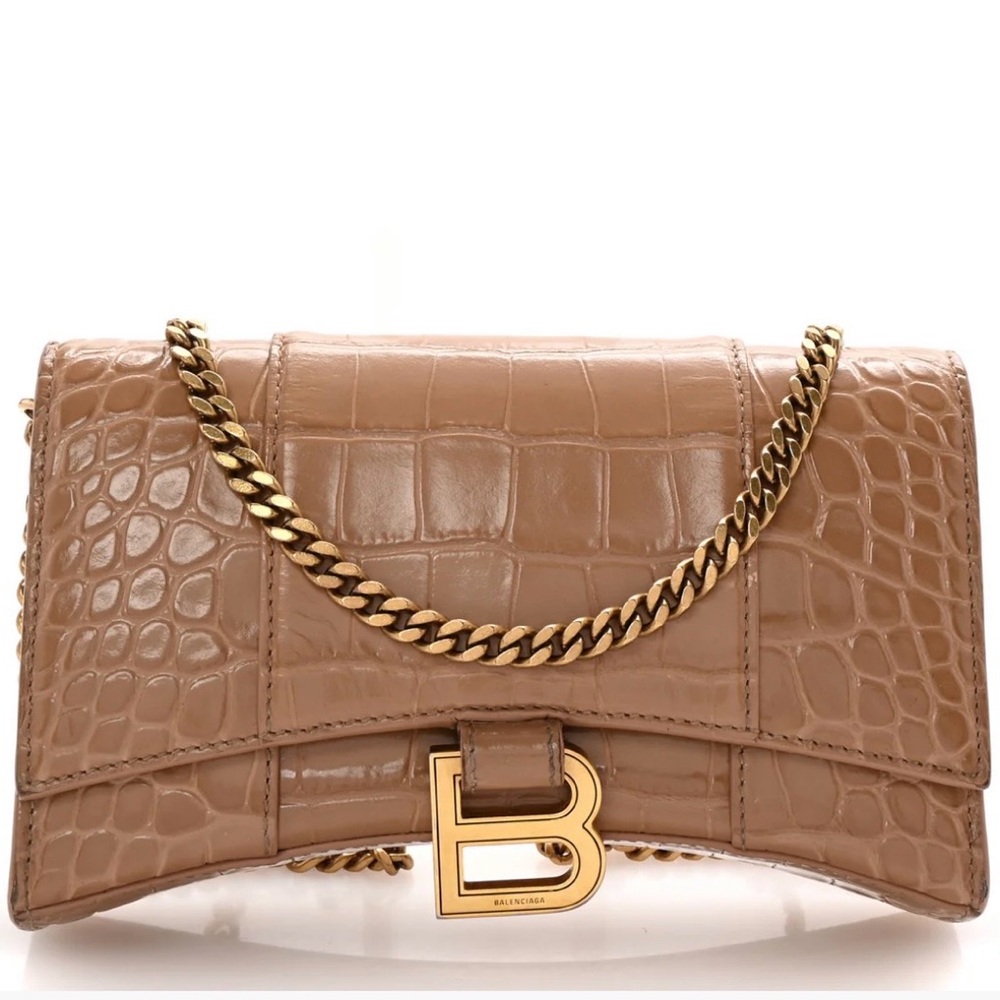 Balenciaga Beige Croc-Embossed Leather Chain Clutch with Gold Hardware